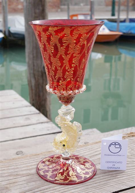 Venetian Glass Red Goblet With Gold Carats Murano Glass Made