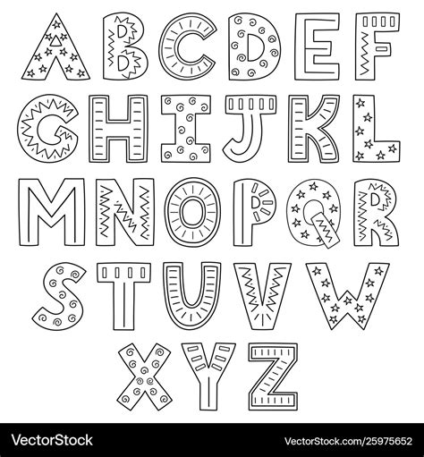 Black And White Alphabet Hand Drawn Outline Abc Vector Image