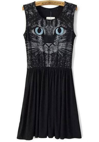 Black Sleeveless Cat Print Pleated Dress Sheinsheinside