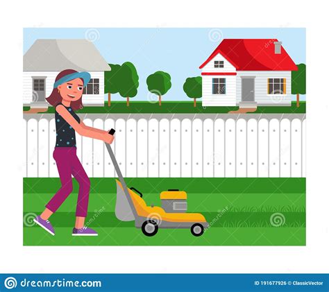 Cartoon Friendly Smiling Young Woman Mowing Grass With Lawn Mower On