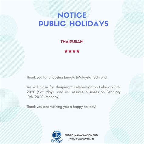 Notice Public Holiday Enagic Malaysia Sdn Bhd