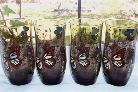 Vintage Butterflies On Amber Smoke Drinking Glasses By Libbey Set Of 4 By Deserttreasures505 On
