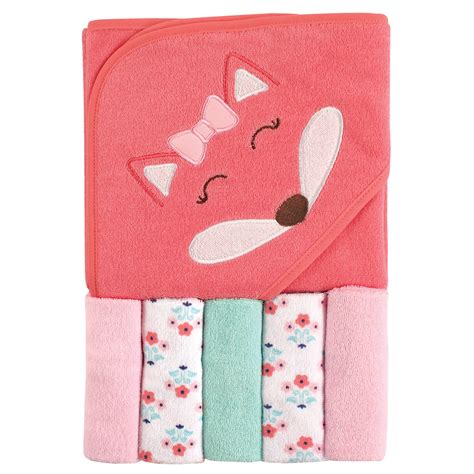 Luvable Friends Hooded Towel With Washcloths 6 Piece Set Girl Fox