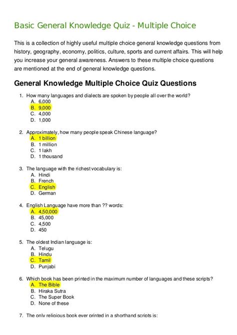 General Knowledge Quiz Questions And Answers Printable Printable