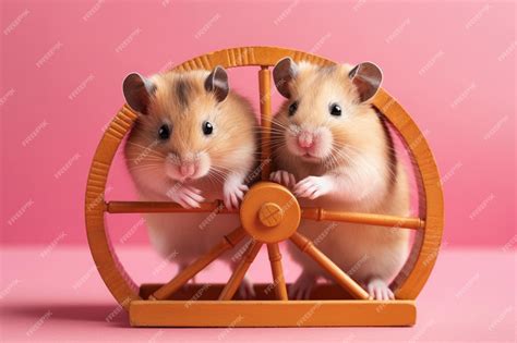 Premium Ai Image Two Hamsters In A Wheel On A Pink Background