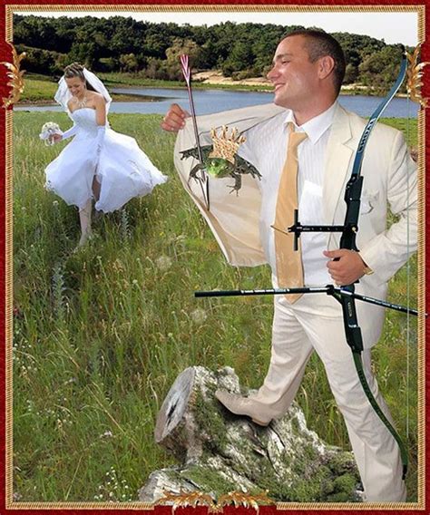 a man and woman dressed up in wedding attire with bows and arrows running through the grass