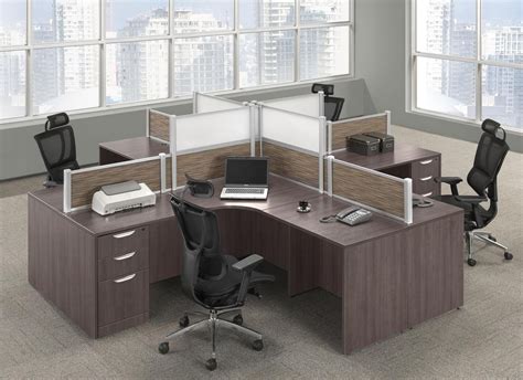 Modern Walnut 4 Person Desk Pod Workstation With Drawers And Privacy