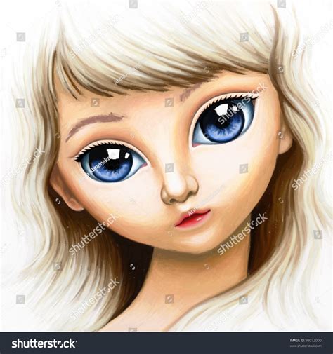 Digital Painting Of Beautiful Girl Face With Big Blue Eyes