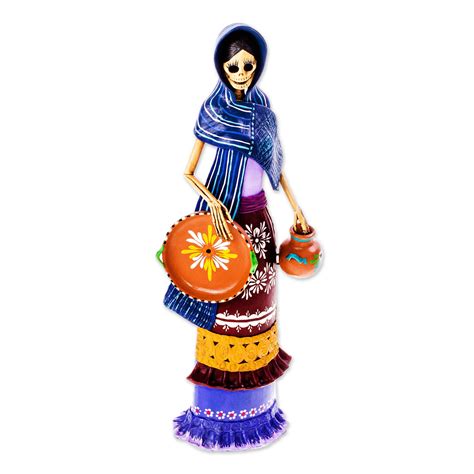 Ceramic Catrina Sculpture With Blue Mantle From Mexico La Catrina