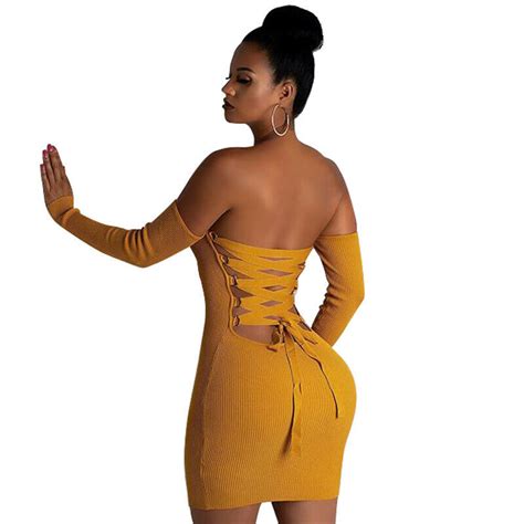 Womens Sexy Off Shoulder Backless Lace Up Club Bodycon Mini Dress Party Wear Ebay