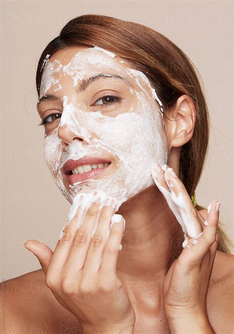 Beauty Closeups Face Washing Woman Washing Her Face With Soap Studio