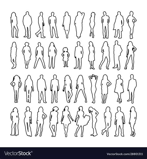 Large Set Detailed People Silhouettes Outline Vector Image