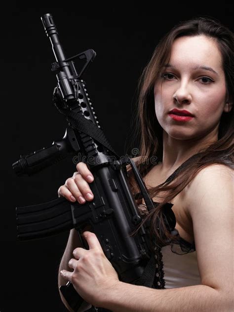 Girl Holding Rifle On Black Background Stock Image Image Of Body