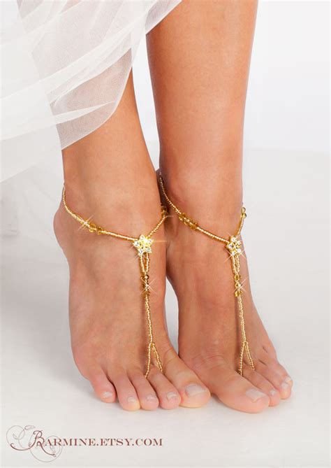 Gold Barefoot Sandals Bridal Foot Jewelry Golden Rhinestone Beach