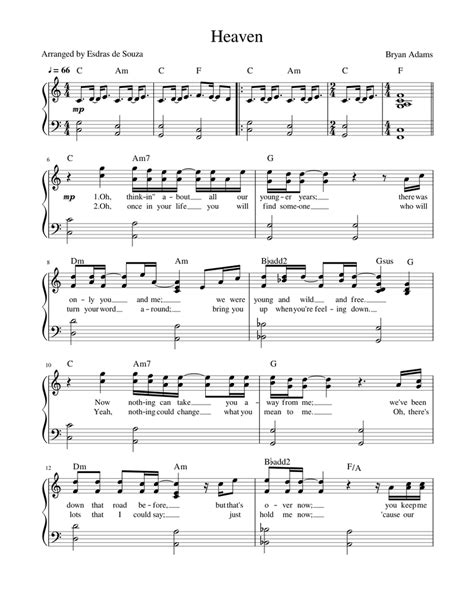 Heaven Bryan Adams Sheet Music For Piano Solo