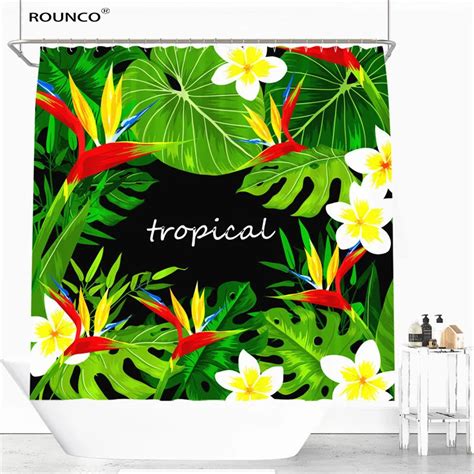 Tropical Banana Leaves Design Shower Curtain Polyester Fabric Bathroom Curtain 12pcs Hooks