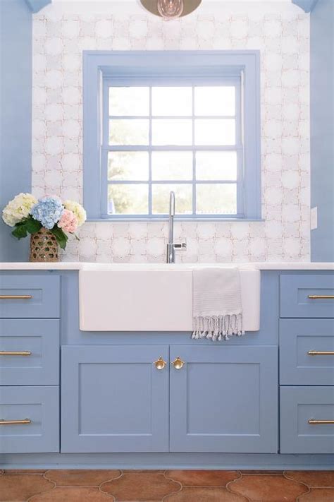 Cornflower Blue Laundry Room With White Apron Sink Transitional
