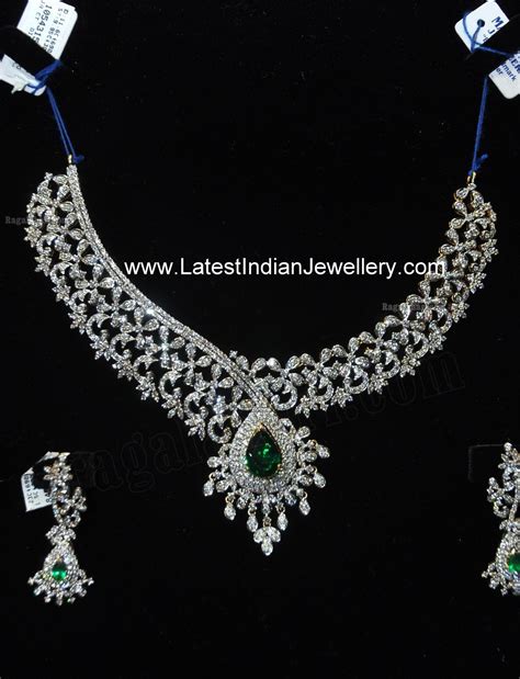 Designer Indian Diamond Necklace Set With Emeralds From Manepally Jewellers
