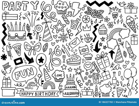 Hand Drawn Party Doodle Happy Birthday Stock Vector Illustration Of Design Birthday