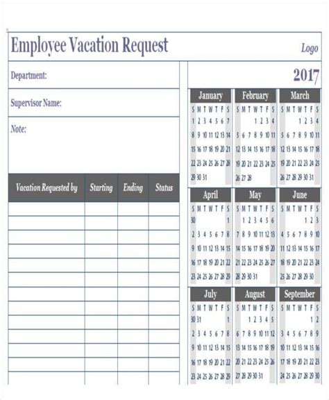Free Printable Employee Vacation Request Calander Image Free