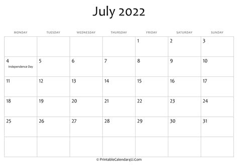 July 2022 Editable Calendar With Holidays