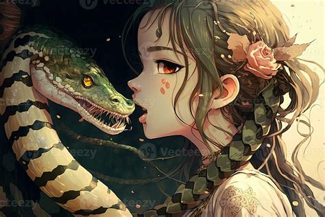 Beautiful Girl Kissing A Snake Manga Style Anime Character