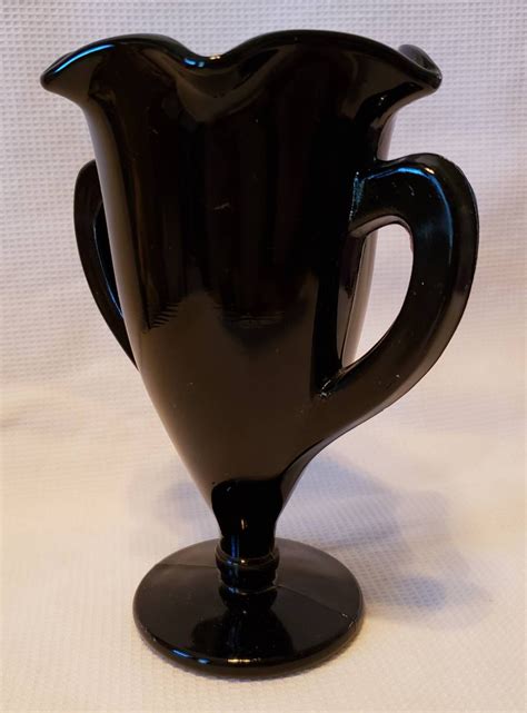 Vintage Black Amethyst Glass Trophy Vase Ruffled Top Edge Double Ear Handles 5 7 8 Tall