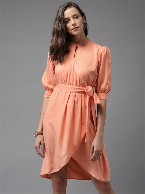 Moda Rapido Women Peach Coloured Solid Wrap Dress Peach Solid