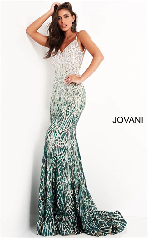 Jovani 06450 Silver Green Sequin Prom Dress