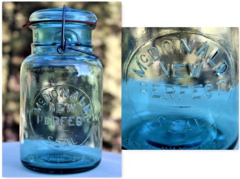 Antique 1910 Mcdonald Blue Glass Fruit Jar With Glass Lid Blue Bubble