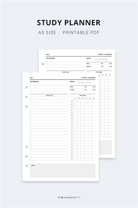 A5 Inserts Study Planner Printable Daily Study Organizer Student