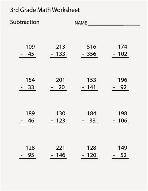 Free Printable Subtraction Worksheets For 3rd Grade
