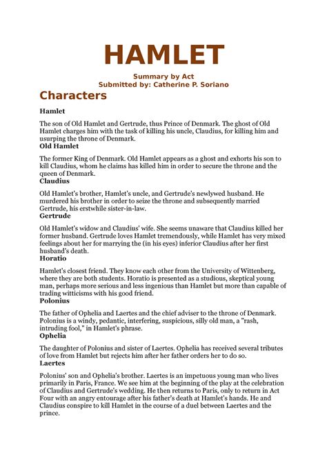 Hamlet Summary Per Act Hamlet Summary By Act Submitted By