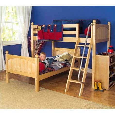 This triple bunk takes perpendicular top bunks and places them over a futon that expands into a full sized bed. Perpendicular bunk beds (With images) | Bunk beds, Kid beds, L shaped bunk beds
