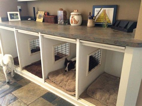 A Dog Standing In Front Of A Counter Top With Two Dogs On Its Beds