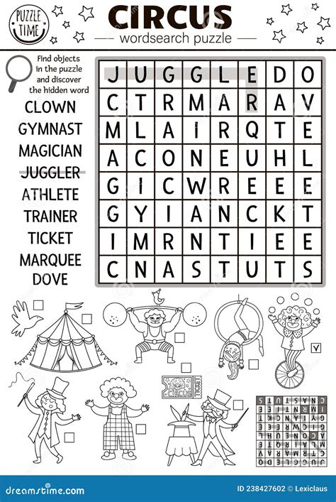 Vector Circus Wordsearch Puzzle For Kids Simple Black And White