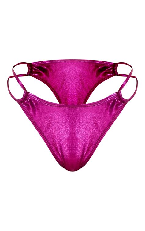 Pink Metallic Double Strap Tanga Bikini Bottoms Prettylittlething Qa