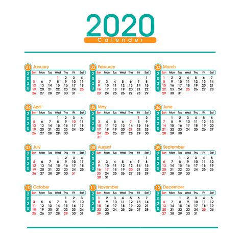 Calendario 2020 Simple Descarga Gratuita De Plantilla En Pngtree