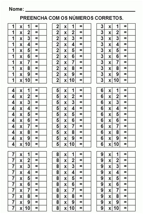 Tabuada de Multiplicação para Completar e Imprimir Max Dicas