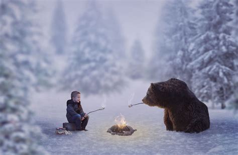 Campfire Pals Little Boy In The Winter Woods Having Making
