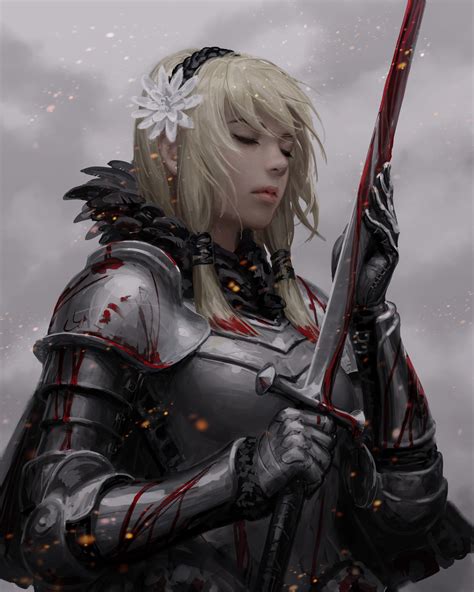 feathers sword vertical knight guweiz original characters blonde hair accessories