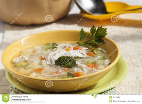 Broccoli Soup With Chicken Carrots Potatoes And Parsley In Yellow