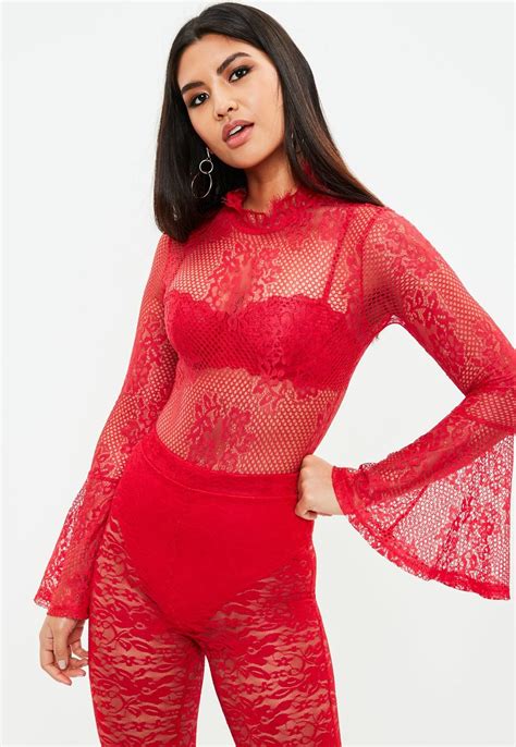 Missguided Red Lace High Neck Bodysuit Red Lace Crop Top Women