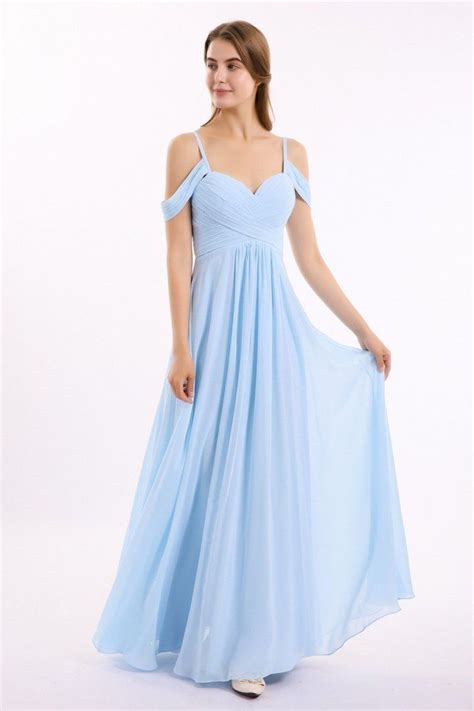 Off The Shoulder Spaghetti Straps Sweetheart Chiffon Blue Prom Dresses
