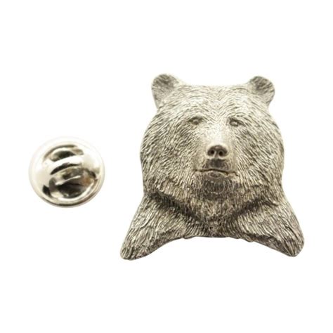 Grizzly Bear Head Pin Antiqued Pewter Lapel Pin Etsy