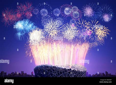 Fireworks Over The National Stadium Stock Photo Alamy