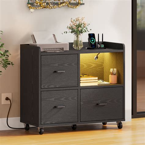 Dwvo 3 Drawer Wood File Cabinet With Charging Station And Led Light