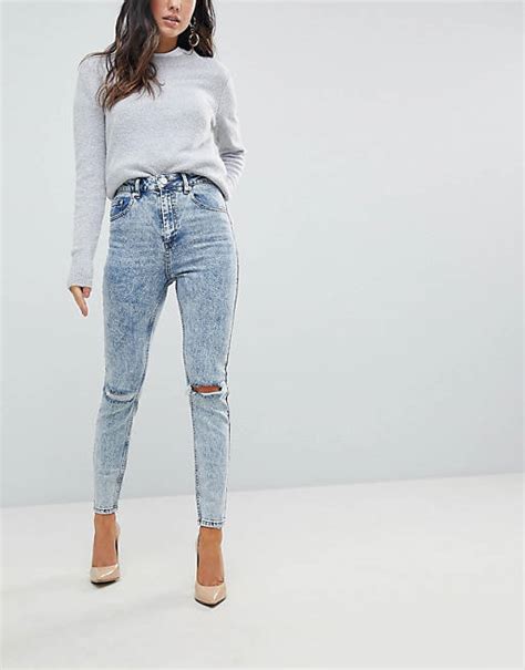 Asos Super High Rise Firm Skinny Jeans In Acid Wash Blue With Ripped
