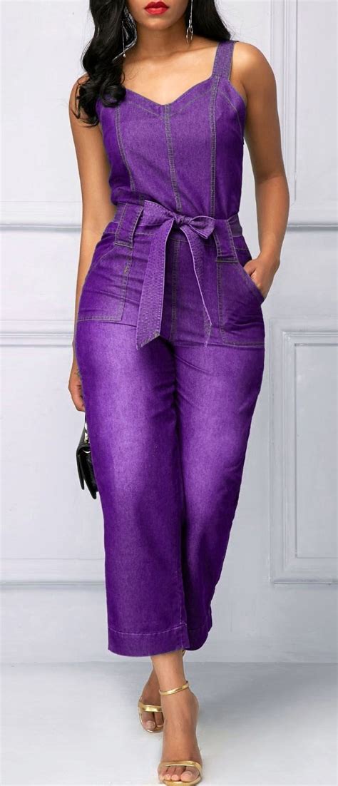 Purple Belted Open Back Pocket Jumpsuit