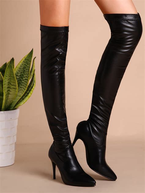 black faux leather point toe thigh high stiletto boots shein sheinside